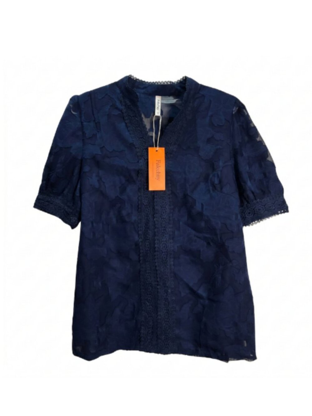 NWT | Falechay Navy Blue Embroidered Lace Top | Crochet Trim | Size Large